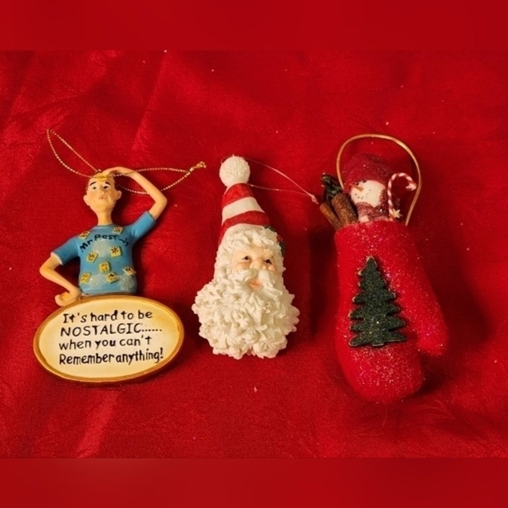 Christmas Ornaments Lot of 3 Santa, Snowman in Stocking, Post it Man
